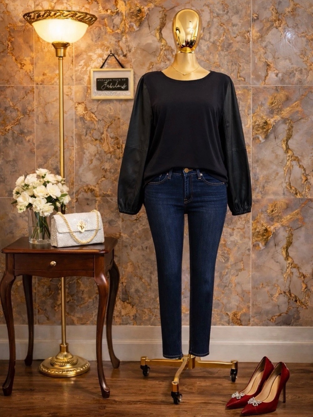 CATO, Faux Leather Blouse with Long Puffed Sleeves, Size L